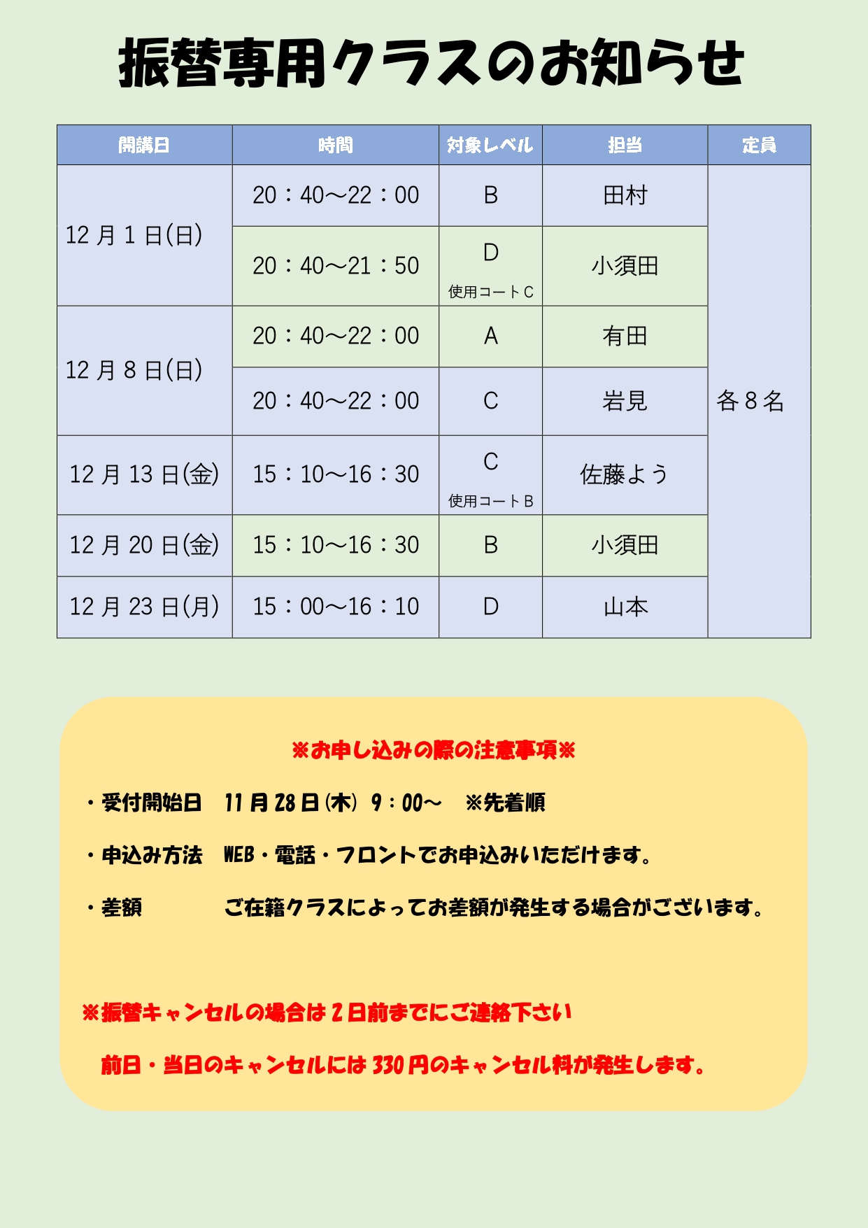 テニス振替専用クラスのお知らせ｜スクールのみなさま｜江東区亀戸のテニス・ゴルフスクールならGODAI亀戸